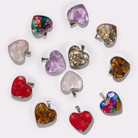 Steel Cased Pendant Hearts - 12 Assorted Gemstone Chips & Shells (12 pcs) - SHAMTAM.COM