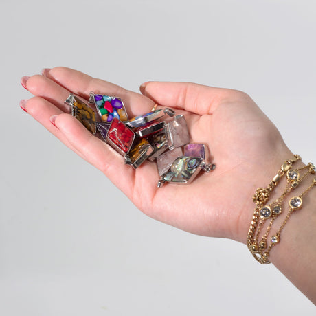 Steel Cased Pendant Diamonds - 12 Assorted Gemstone Chips & Shells (12 pcs) - SHAMTAM.COM