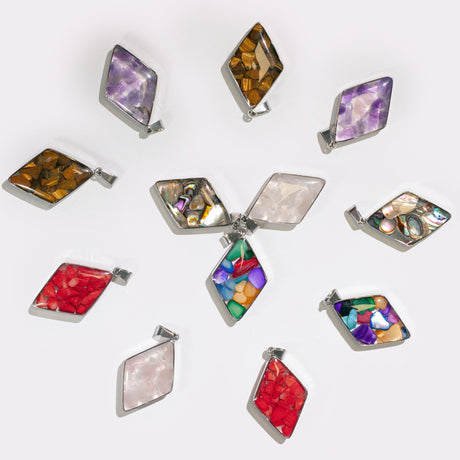 Steel Cased Pendant Diamonds - 12 Assorted Gemstone Chips & Shells (12 pcs) - SHAMTAM.COM