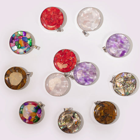 Steel Cased Pendant Round - 12 Assorted Gemstone Chips & Shells (12 pcs) - SHAMTAM.COM