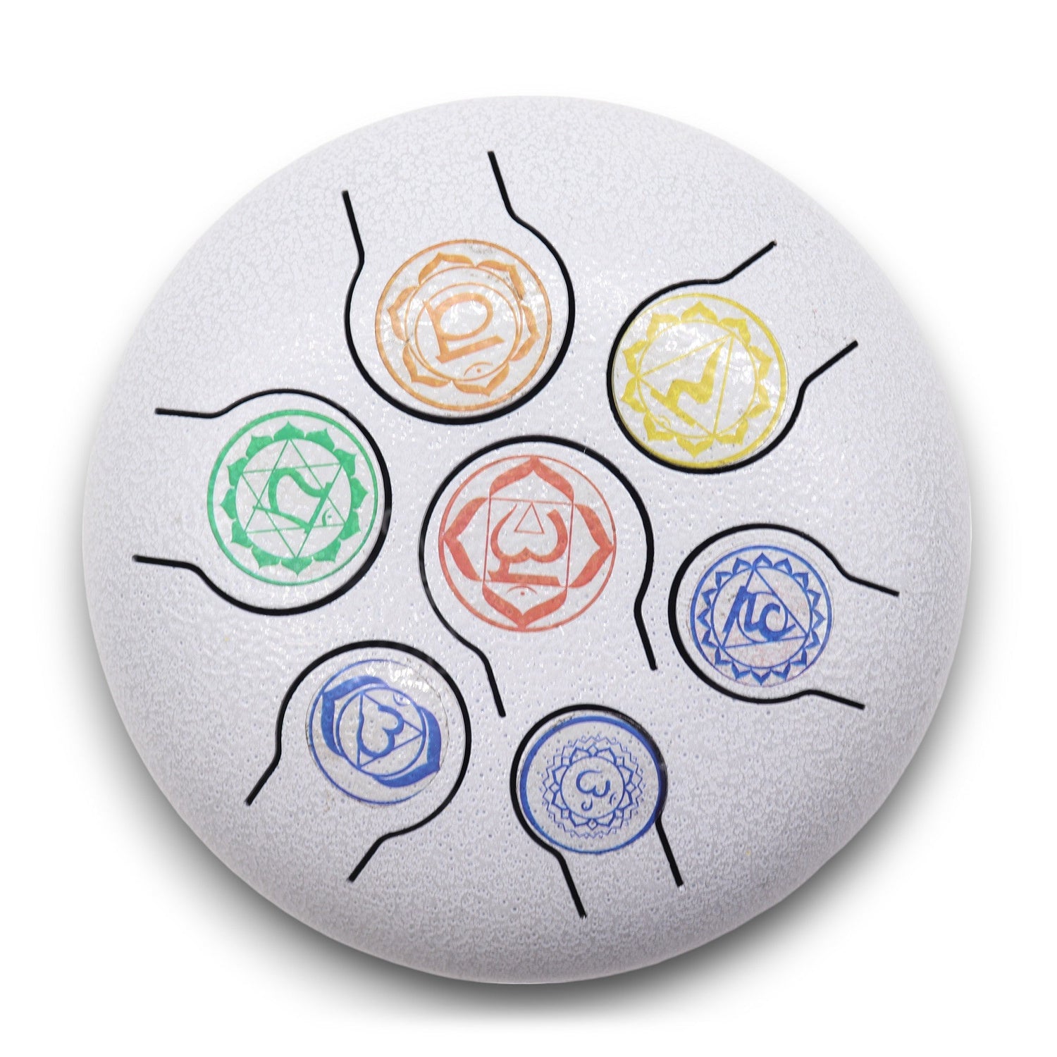 7 Chakra Hapi Steel Tongue Drum - 18cm White Percussion Instrument with Colorful Chakra Symbols and Mallets - SHAMTAM.COM