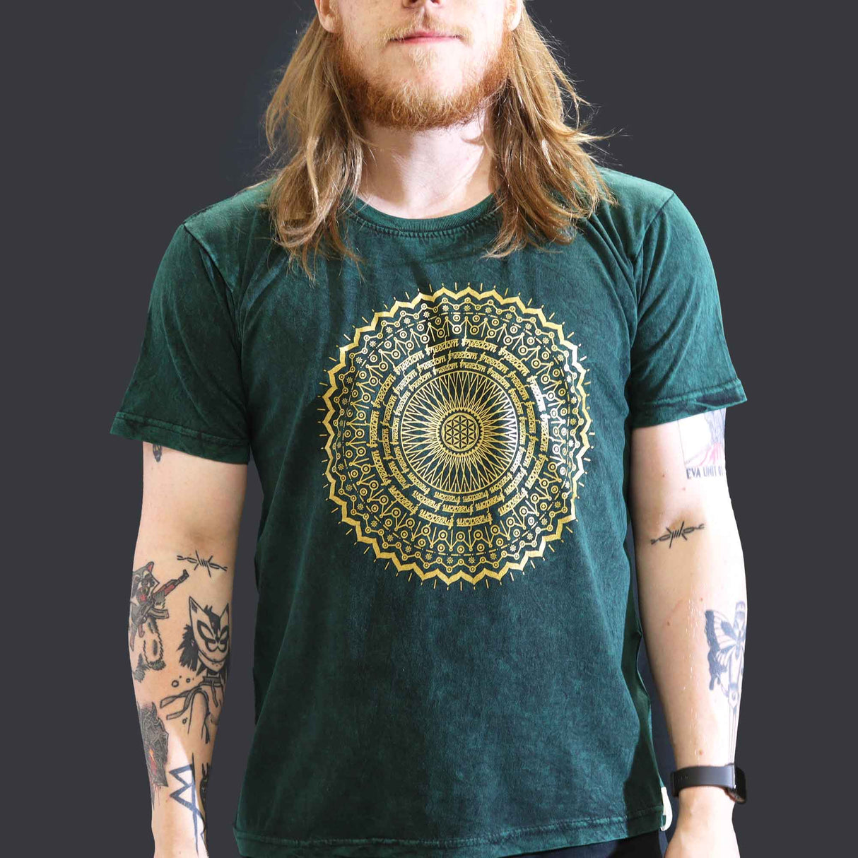 Large Stone Washed T-Shirt - Mandala - Green - SHAMTAM.COM
