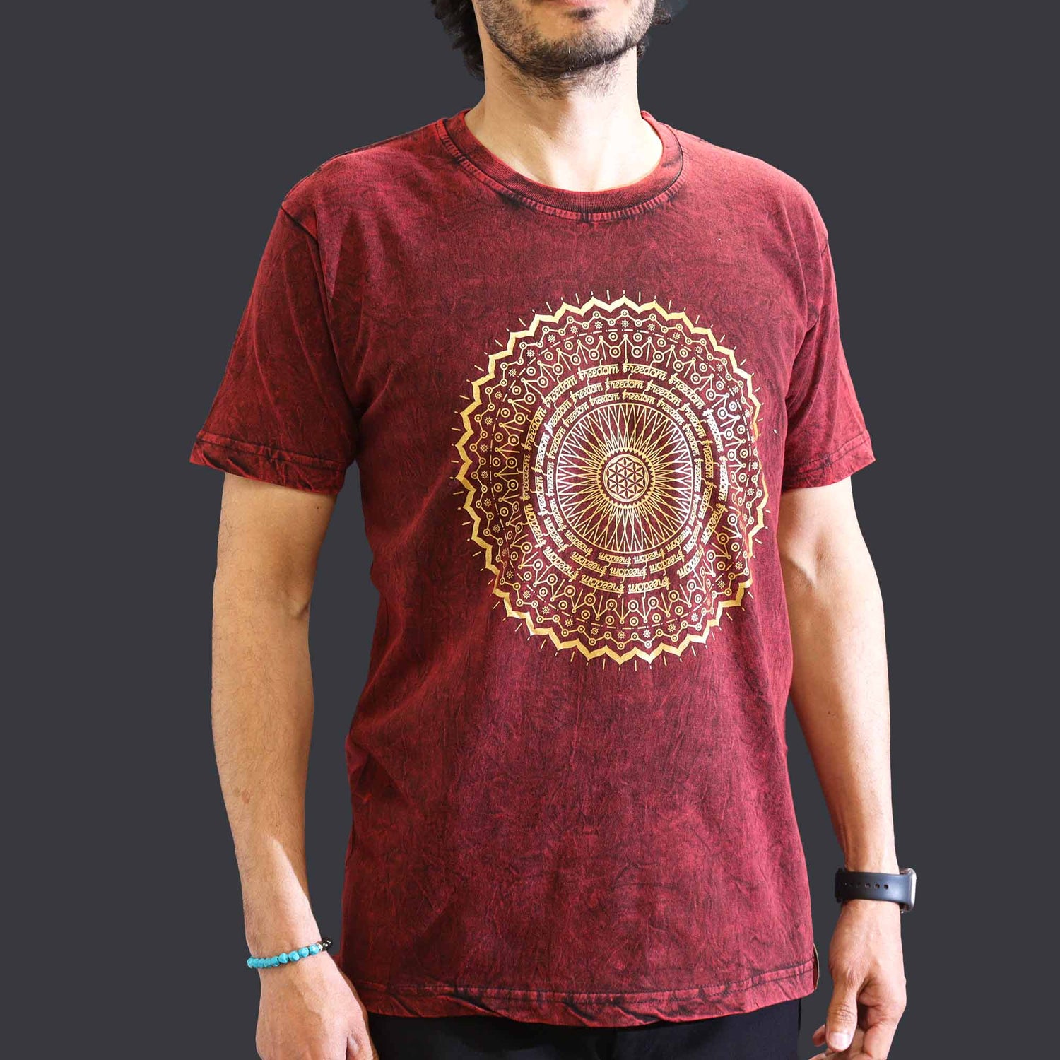 Medium Stone Washed T-Shirt - Mandala - Maroon - SHAMTAM.COM