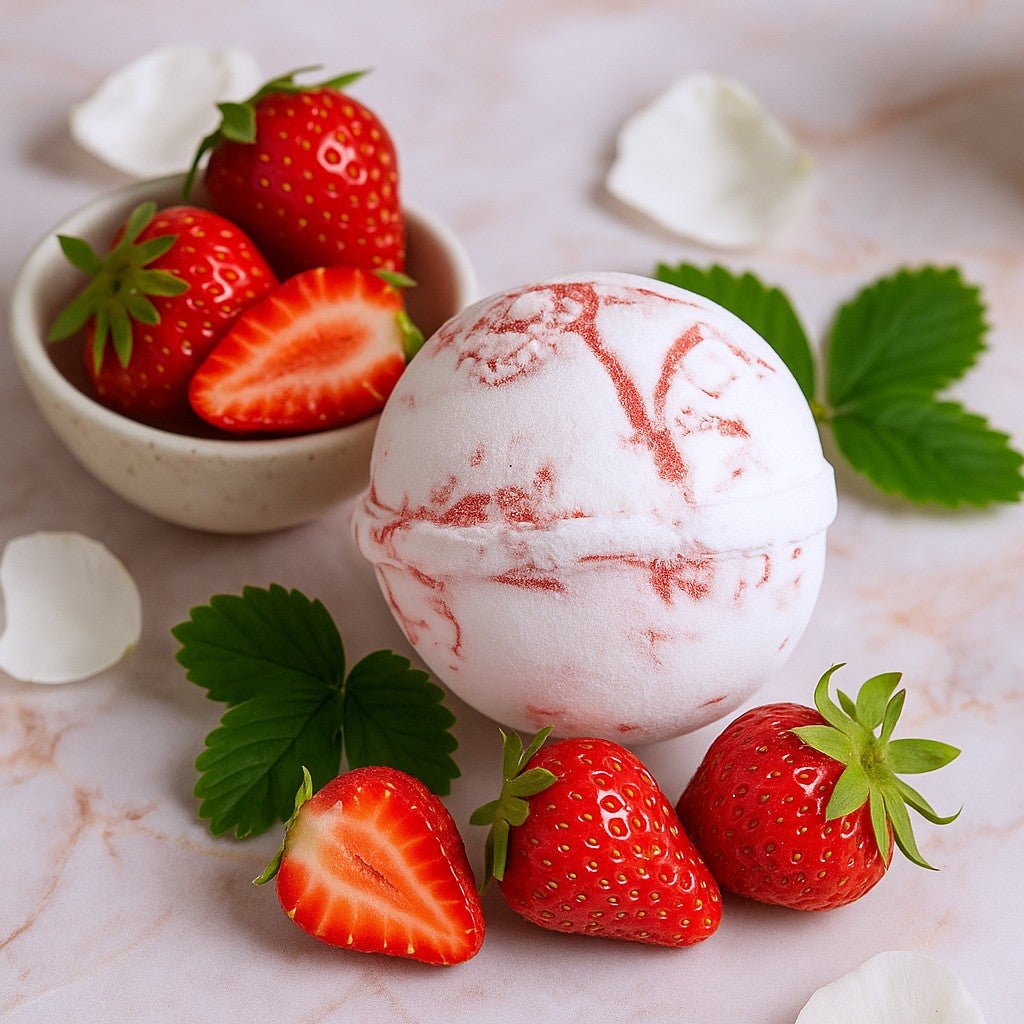 Marble-patterned bath bomb with strawberries on a marble surface