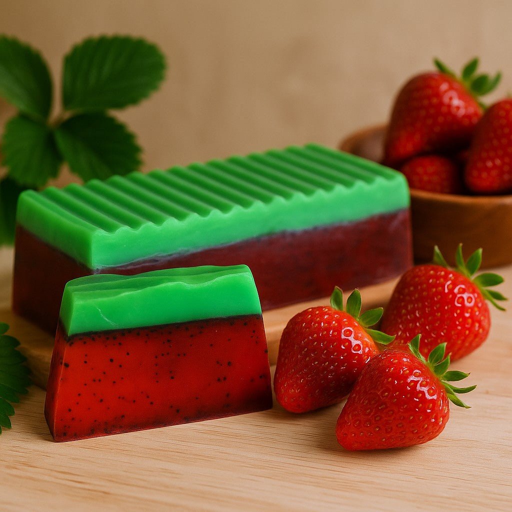 Two strawberry-shaped jellies with green tops on a wooden surface with strawberries around.