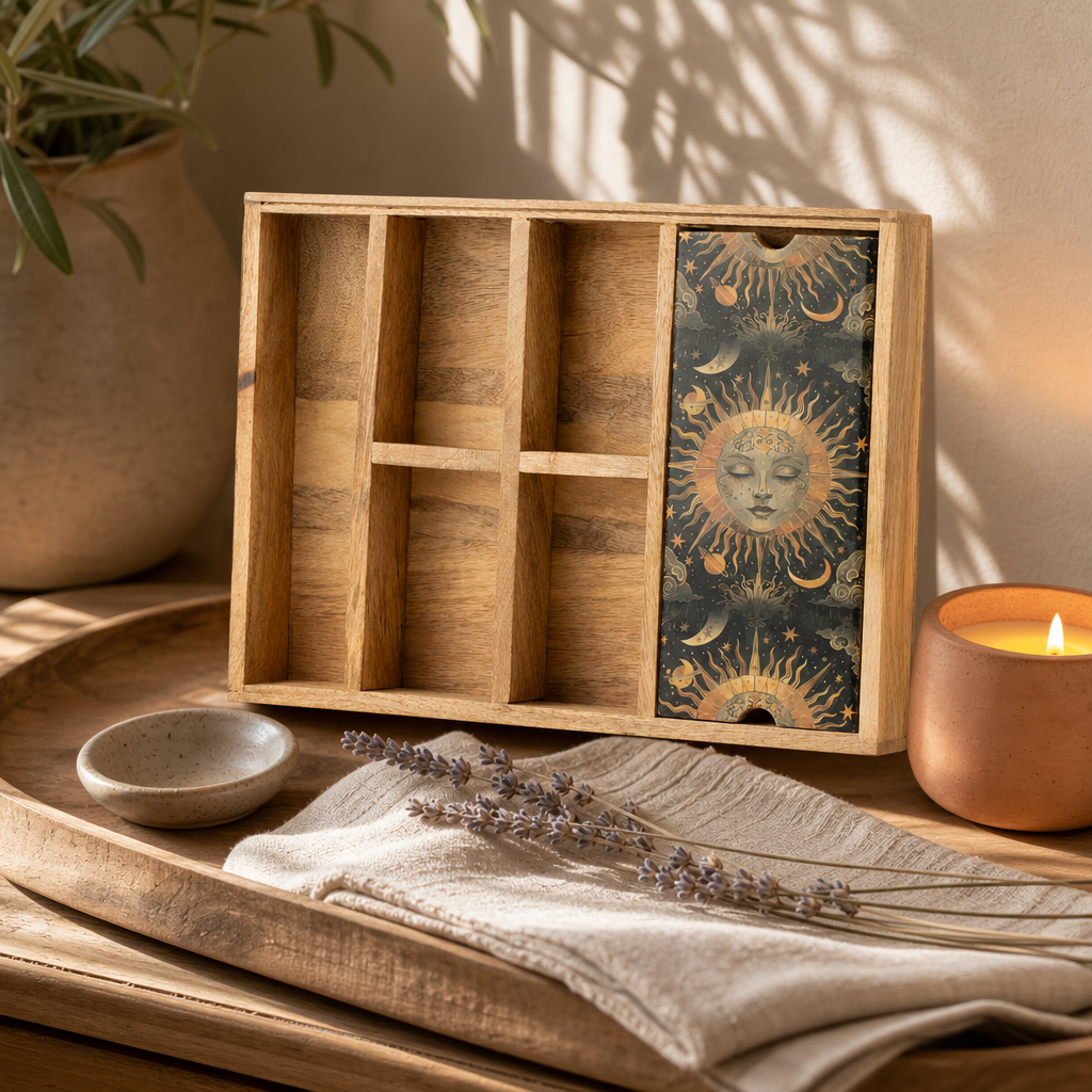 Sun Goddess Tarot Tray with Card Holder — styled in a warm, naturally lit interior