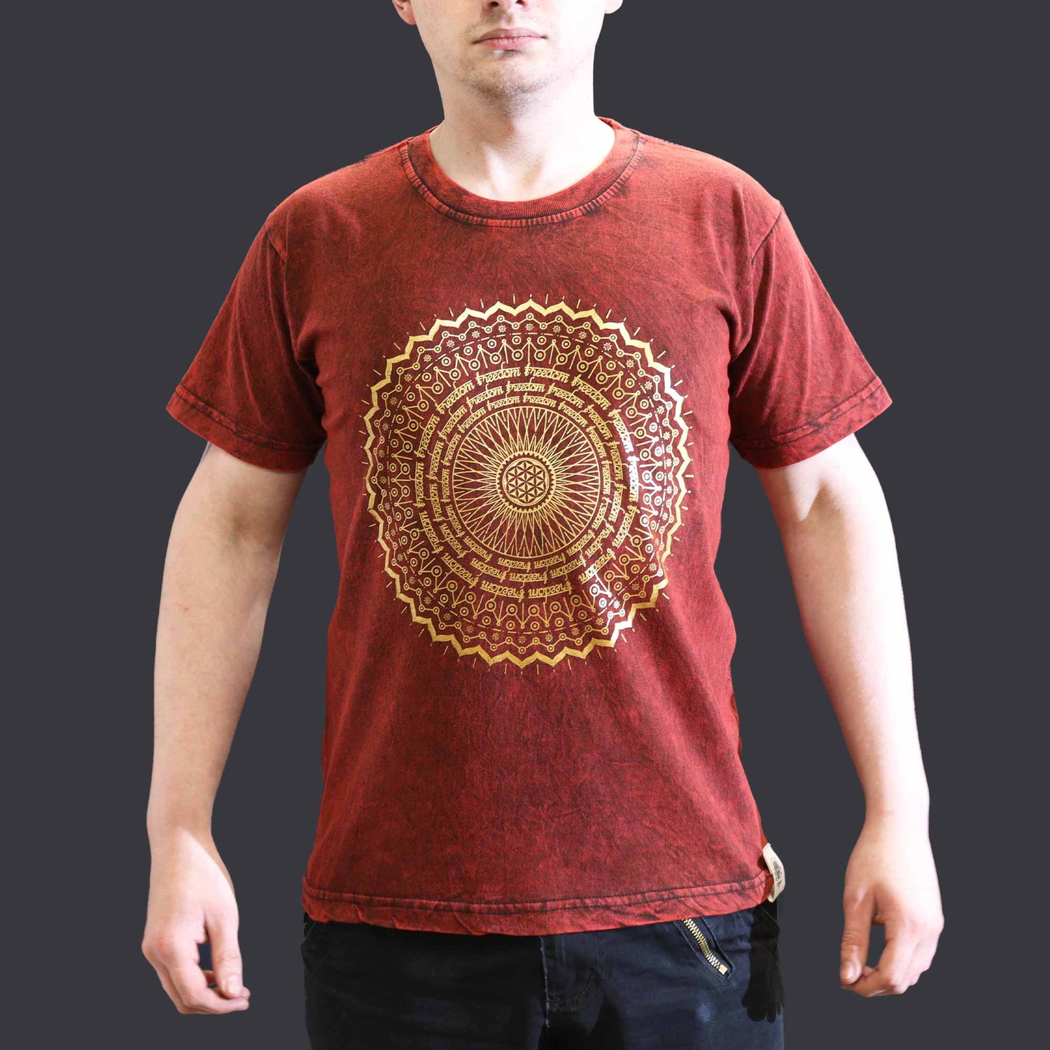 Small Stone Washed T-Shirt - Mandala - Maroon - SHAMTAM.COM
