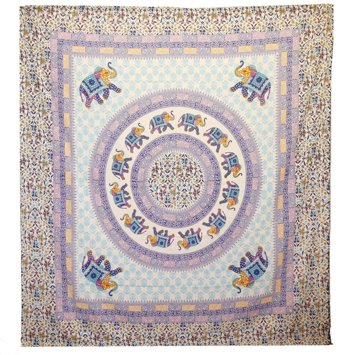 Turquoise & Blue Elephant Mandala Tapestry - Intricate Geometric & Floral Design Wall Hanging/Spread - SHAMTAM.COM