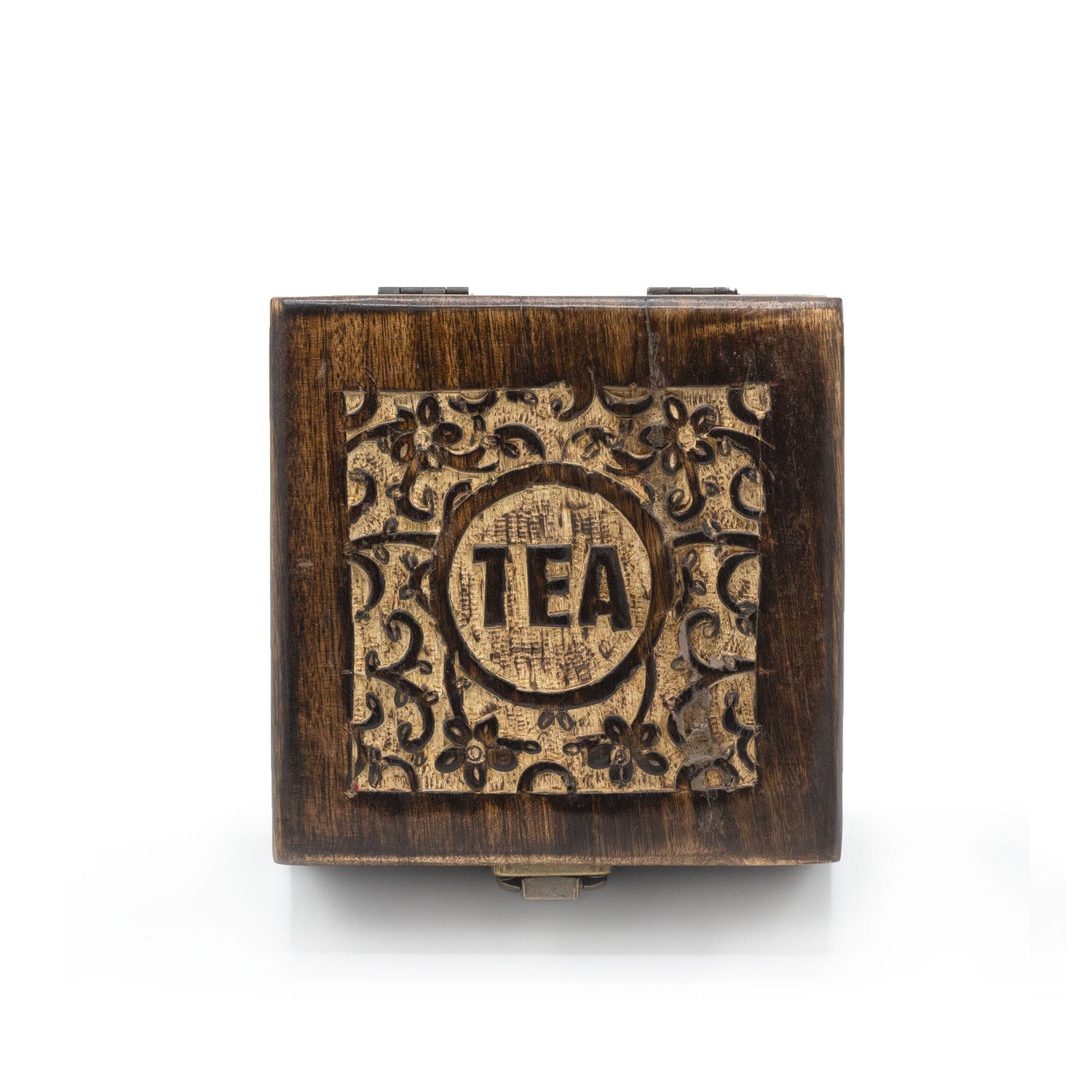Handcrafted Mango Wood Tea Box with Vintage Floral Carved Lid and 4 Compartments - SHAMTAM.COM