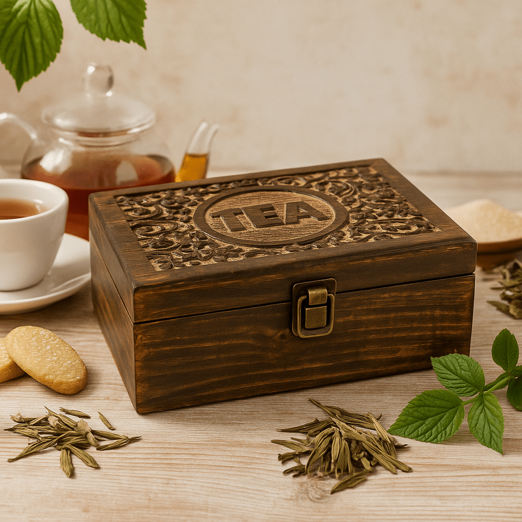 Wooden tea box with 'TEA' engraving on a wooden surface with tea leaves and a teacup.