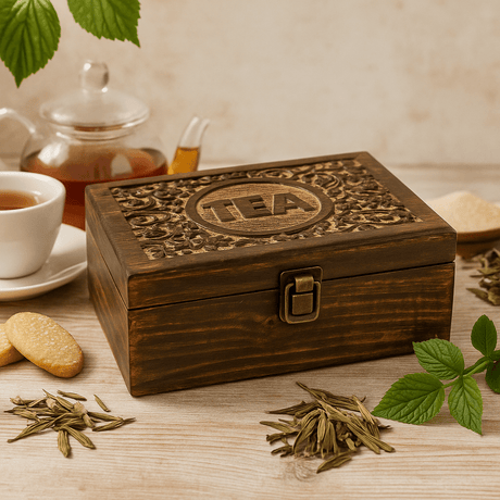 Wooden tea box with 'TEA' engraving on a wooden surface with tea leaves and a teacup.