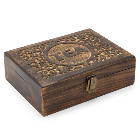 Rustic Mango Wood Tea Box with Carved Floral Lid and 12 Compartments for Tea Storage - SHAMTAM.COM