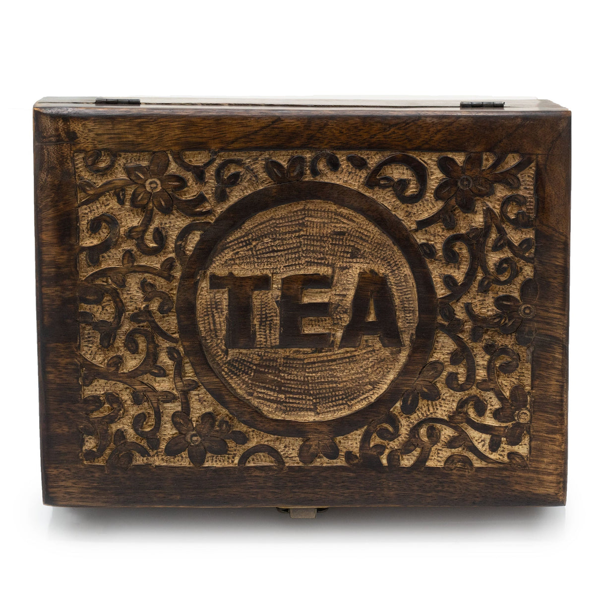 Rustic Mango Wood Tea Box with Carved Floral Lid and 12 Compartments for Tea Storage - SHAMTAM.COM