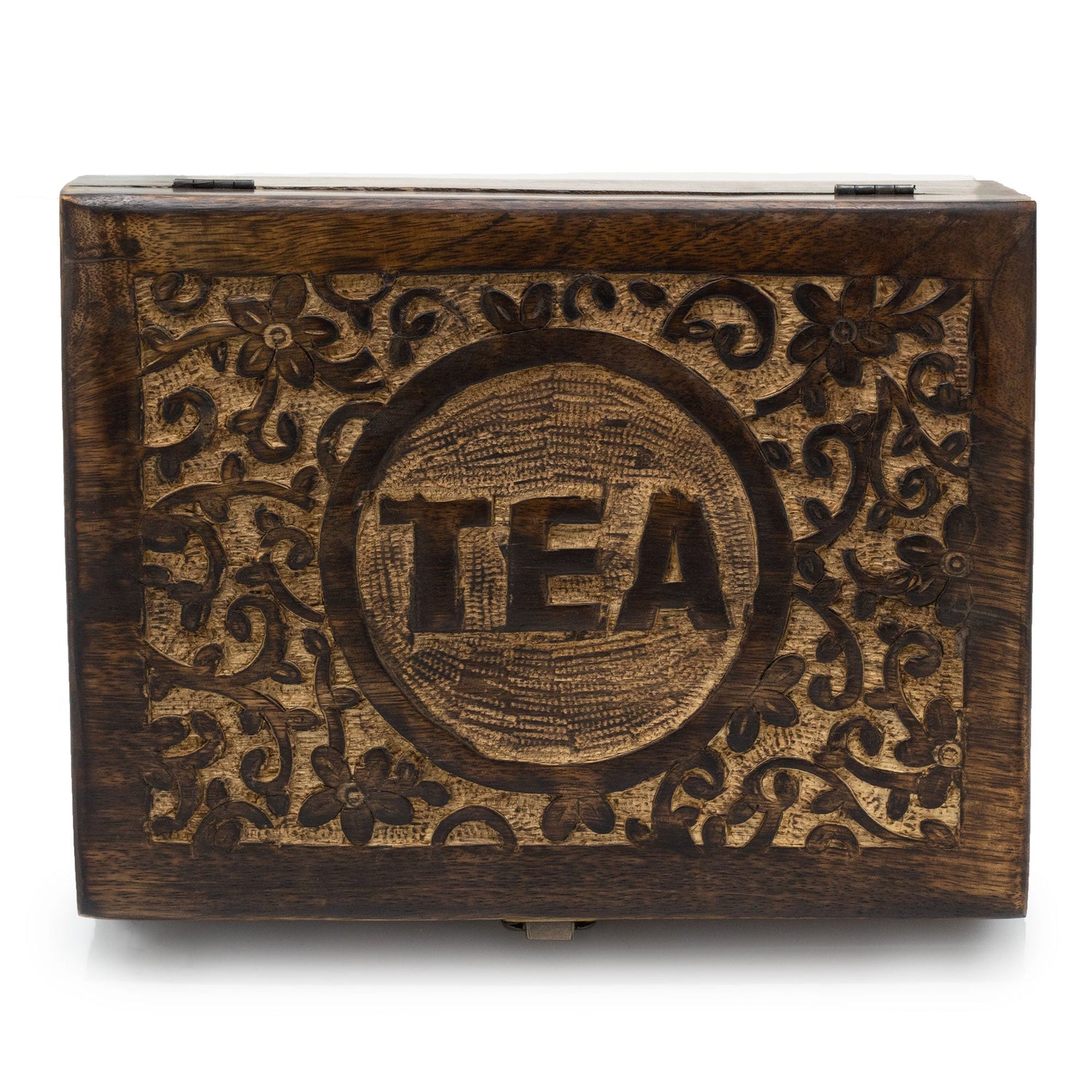 Rustic Mango Wood Tea Box with Carved Floral Lid and 12 Compartments for Tea Storage - SHAMTAM.COM