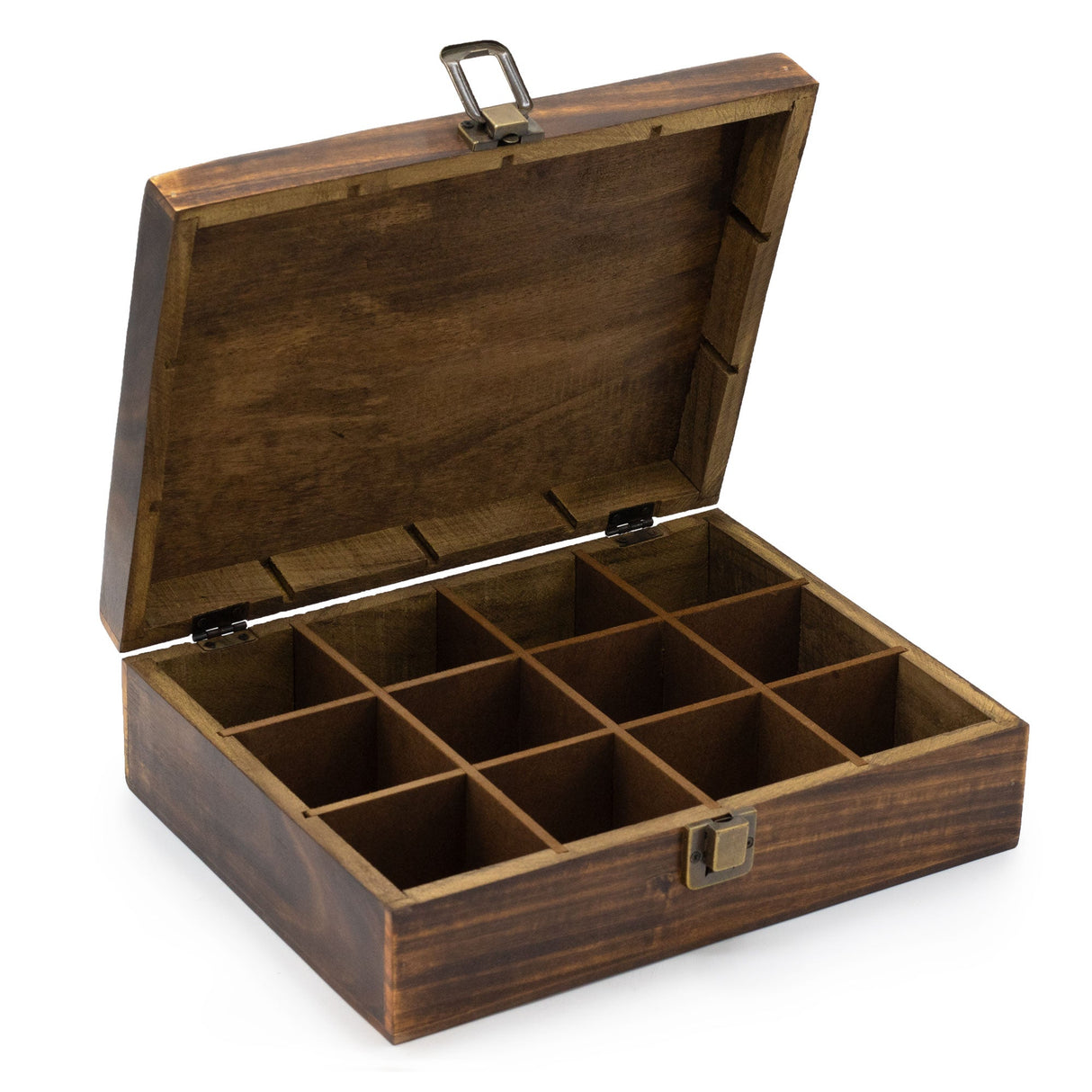 Rustic Mango Wood Tea Box with Carved Floral Lid and 12 Compartments for Tea Storage - SHAMTAM.COM