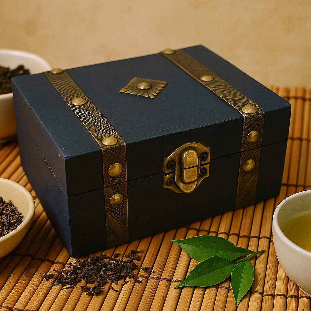 Decorative black box with brass accents on a bamboo mat with tea leaves and a cup.