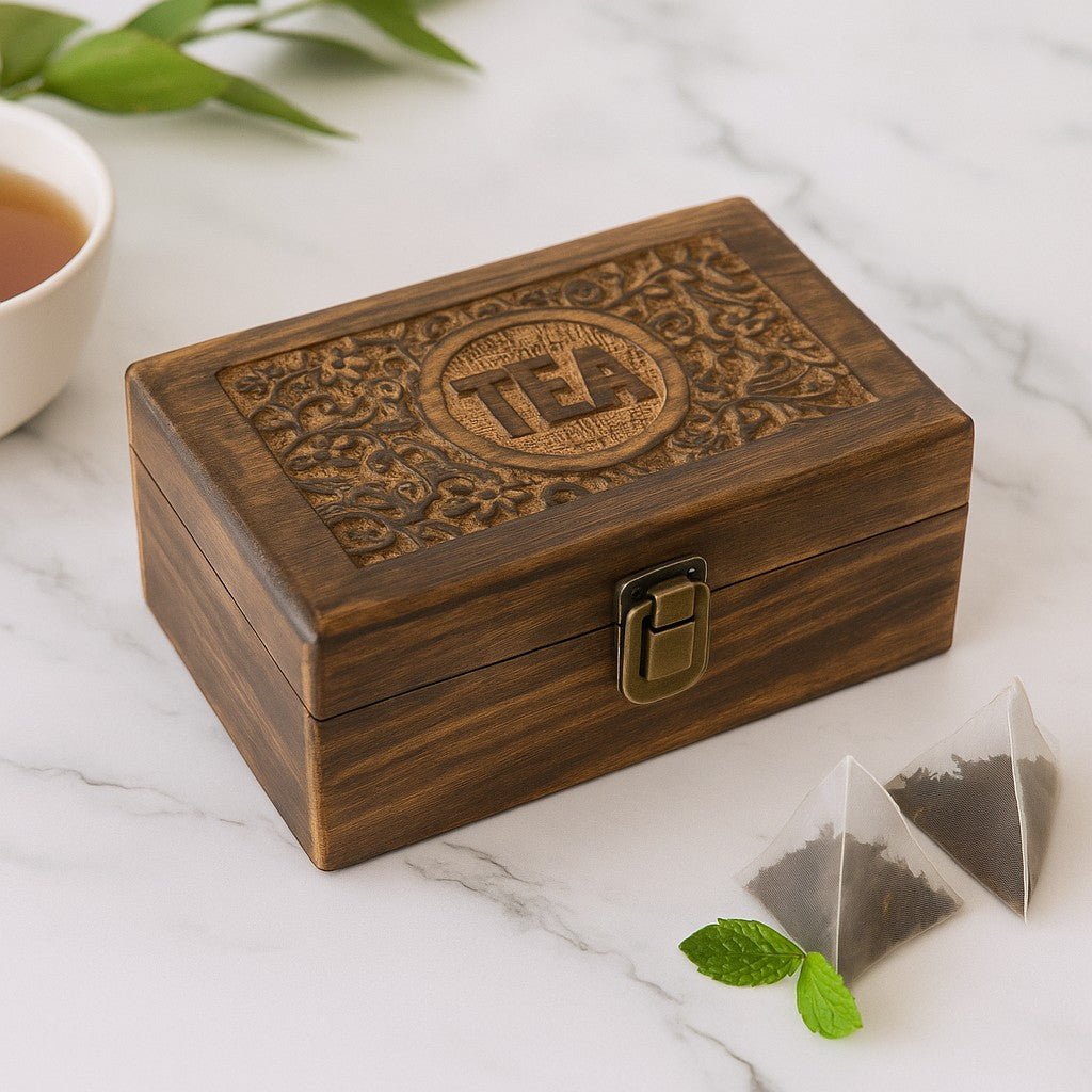 Wooden tea box with 'TEA' engraving on a marble surface with tea bags and leaves.