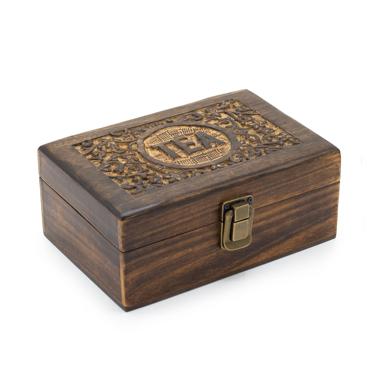 Handcrafted Mango Wood Tea Storage Box with Floral Carvings and 6 Compartments - Elegant Dark Finish with Secure Brass Clasp - SHAMTAM.COM
