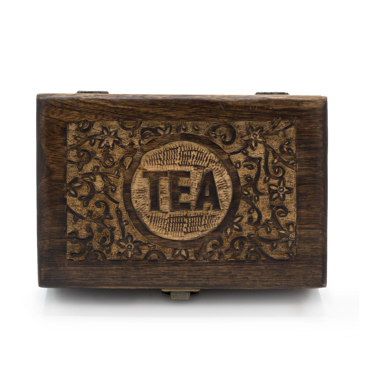Handcrafted Mango Wood Tea Storage Box with Floral Carvings and 6 Compartments - Elegant Dark Finish with Secure Brass Clasp - SHAMTAM.COM