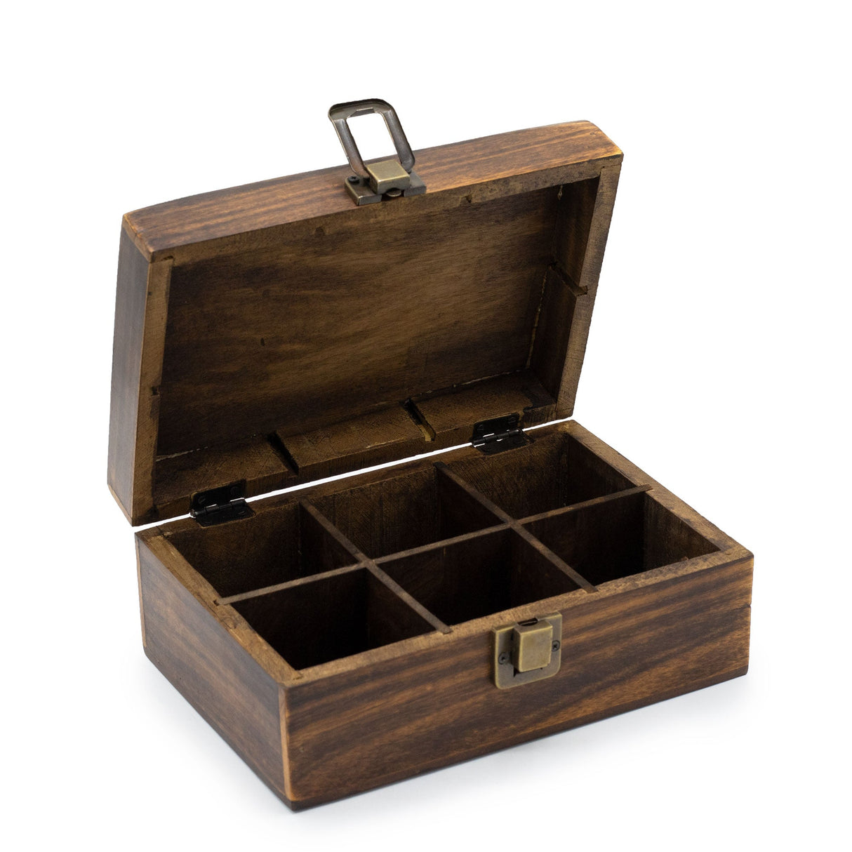 Handcrafted Mango Wood Tea Storage Box with Floral Carvings and 6 Compartments - Elegant Dark Finish with Secure Brass Clasp - SHAMTAM.COM