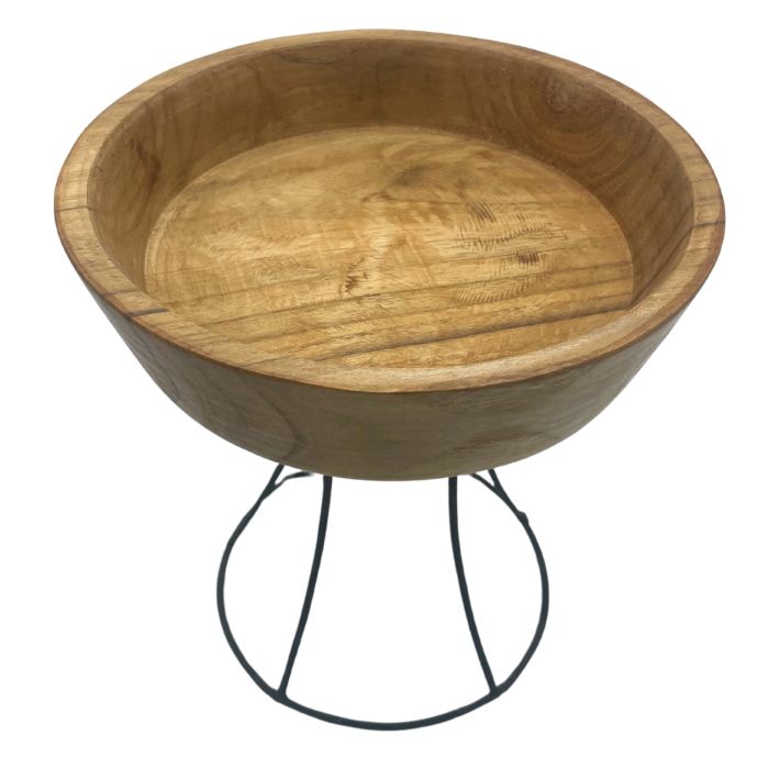 Teak Bowl With Metal Stand, 20 cm - SHAMTAM.COM