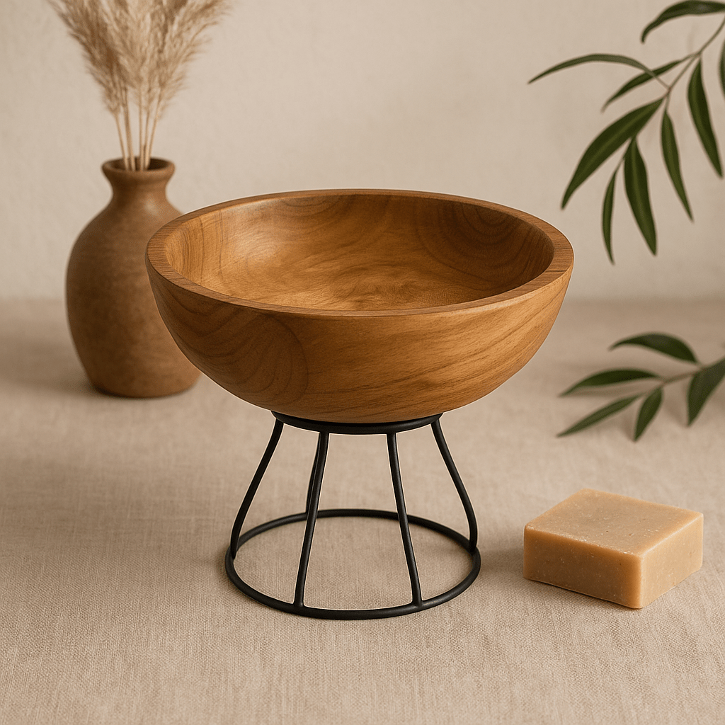 Teak Bowl With Metal Stand, 20 cm - SHAMTAM.COM