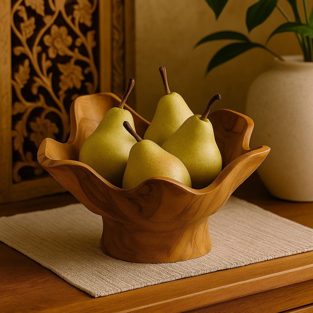 Wooden bowl with pears on a wooden surface