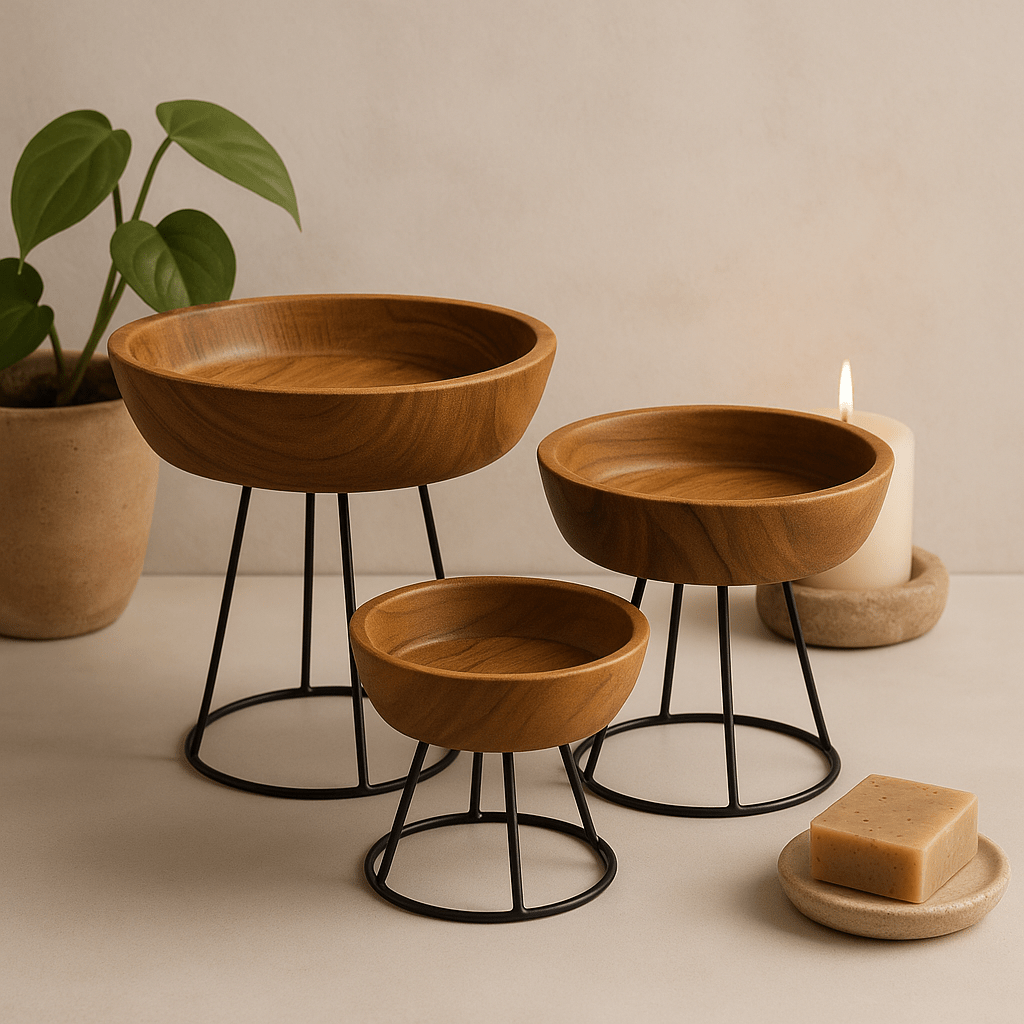 Teak Serving Bowls With Stands Set of 3 - SHAMTAM.COM