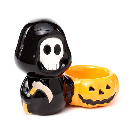 Spooky Ceramic Skull Boy Tea Light Candle Holder with Grim Reaper and Pumpkin Design - Perfect Halloween Decor - SHAMTAM.COM
