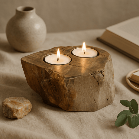Tealight Candle Holders, Petrified Wood Set of 2 - SHAMTAM.COM