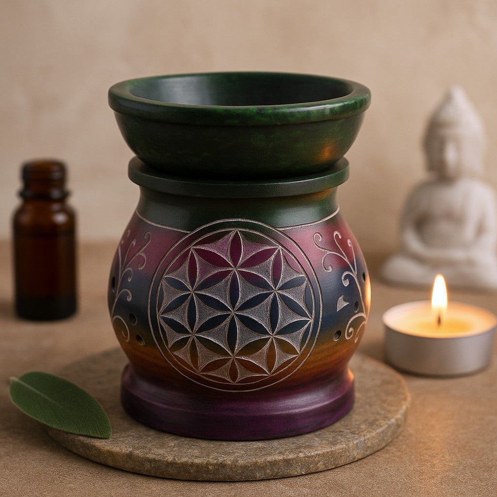 Tealight Oil Burner Soapstone 10cm - Flower of Life - SHAMTAM.COM