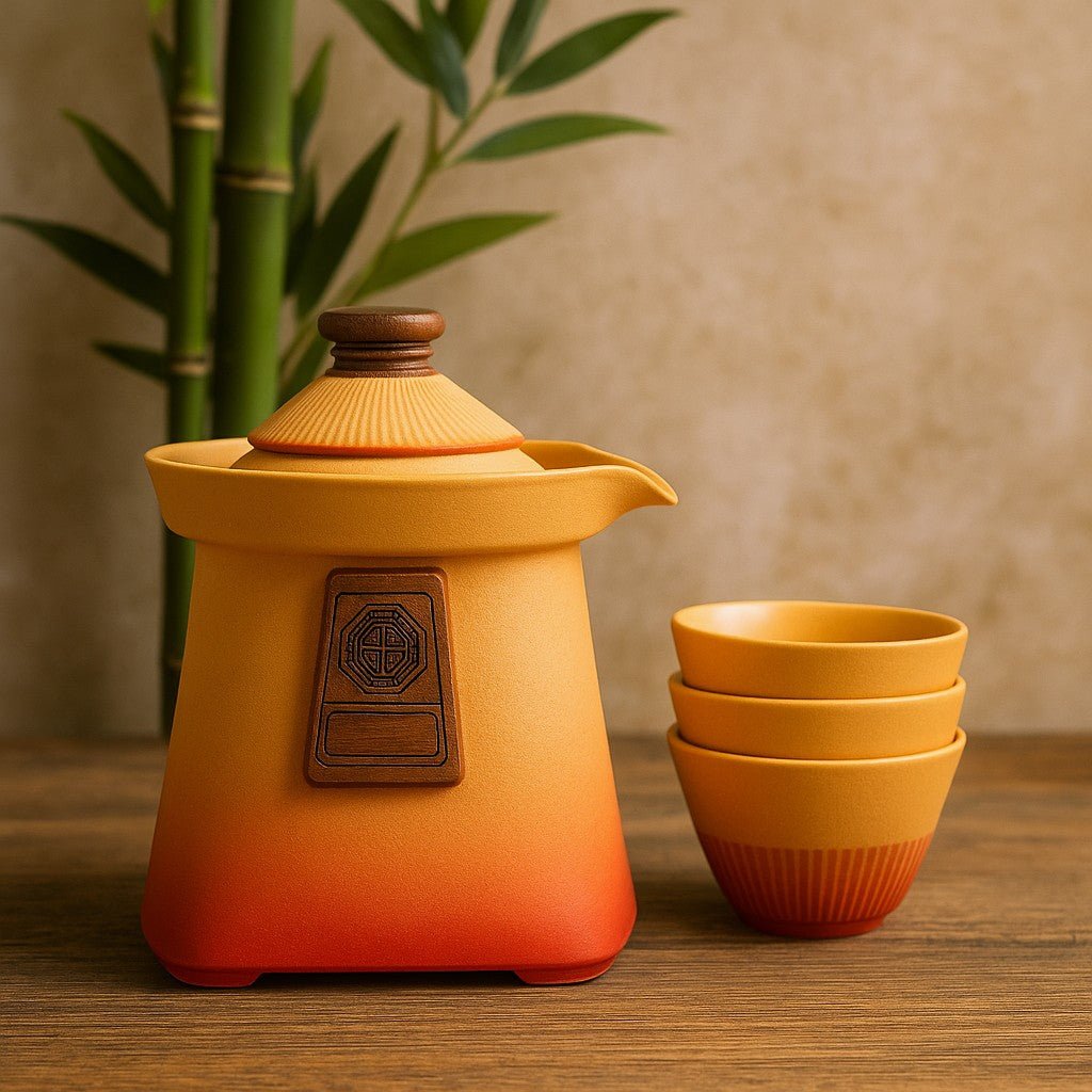 Orange ceramic teapot with wooden lid and matching bowls on a wooden surface with a bamboo plant in the background.