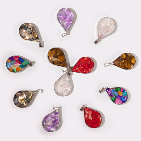 Steel Cased Pendant Teardrops - 12 Assorted Gemstone Chips & Shells (12 pcs) - SHAMTAM.COM