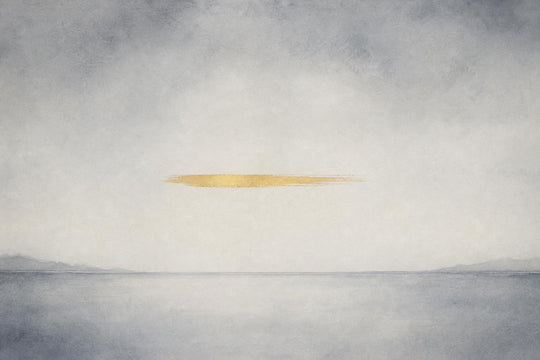 Une image abstraite représentant un unique coup de pinceau doré pâle dans un champ gris, évoquant la pause entre un instant et le suivant.