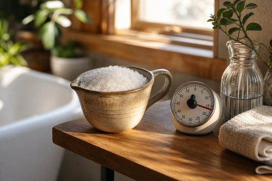 En måttkopp med badsalt bredvid en timer inställd på tjugo minuter