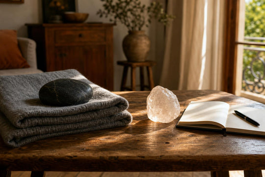 Two contrasting groups of objects on a wooden table representing grounding and expression