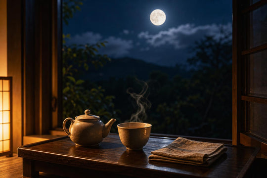 A cup of tea steaming on a table with the full moon visible through a window at night