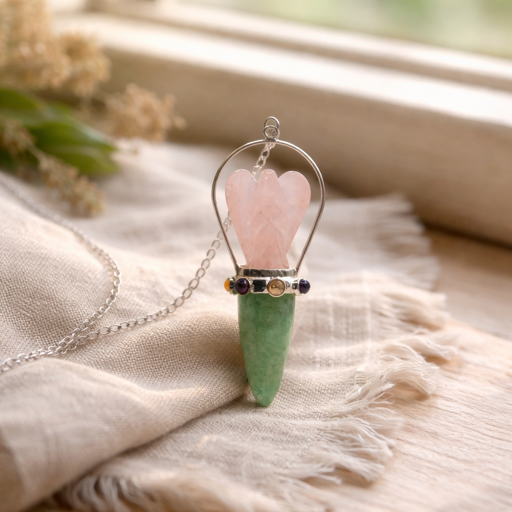 The Heart Oracle - Two Piece Angel Pendulum - Chakra Band - Rose Quartz & Green Aventurine