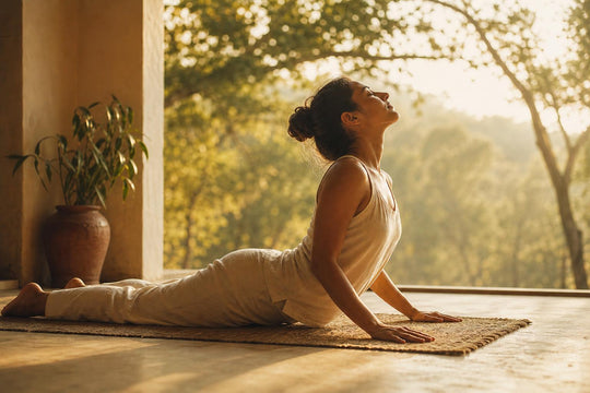 En figur i Bhujangasana, solhälsningens kobra, med lyft bröst och höjd blick i det tidiga morgonljuset.