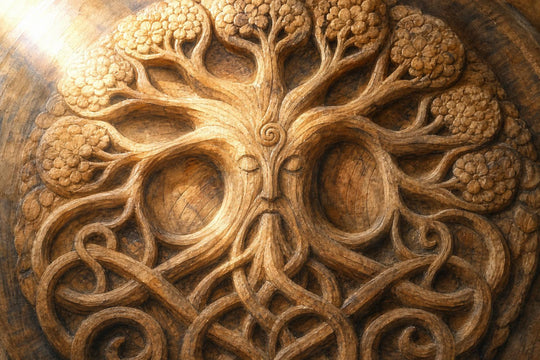 Vue rapprochée d'un motif d'Arbre de vie sculpté dans le bois, avec des racines en spirale à la base et des branches qui s'épanouissent en fleurs rondes au-dessus, traversé par un rayon de lumière faisant ressortir les marques du ciseau.