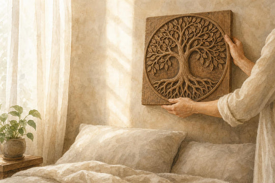 Un panneau d'Arbre de vie sculpté appuyé contre un mur en plâtre chaleureux au-dessus d'un lit couvert de lin, une paire de mains ajustant sa position dans la lumière du matin.