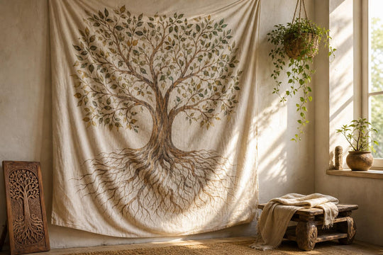 Une tapisserie en coton représentant un Arbre de vie drapée sur un mur dans des tons terre doux, à côté d'une plante retombante suspendue et d'un petit tabouret en bois dans la lumière de la fenêtre.