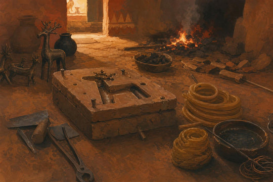 A Dhokra artisan's workspace in Bastar showing clay moulds, beeswax coils and a charcoal fire