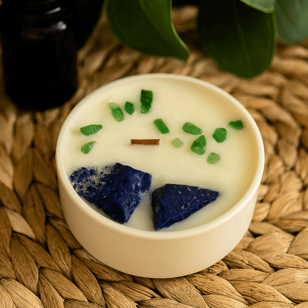 Throat Chakra Crystal Candle with Sodalite and Jade - SHAMTAM.COM