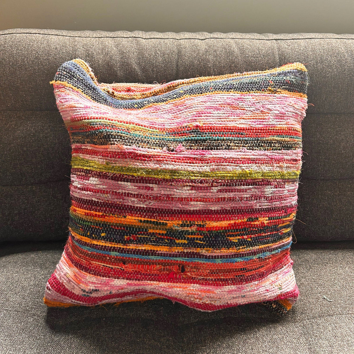 Handcrafted Aqua Blue Rag Rug Cushion Covers - Vibrant Multicolor Woven Throw Pillow for Home Decor - SHAMTAM.COM