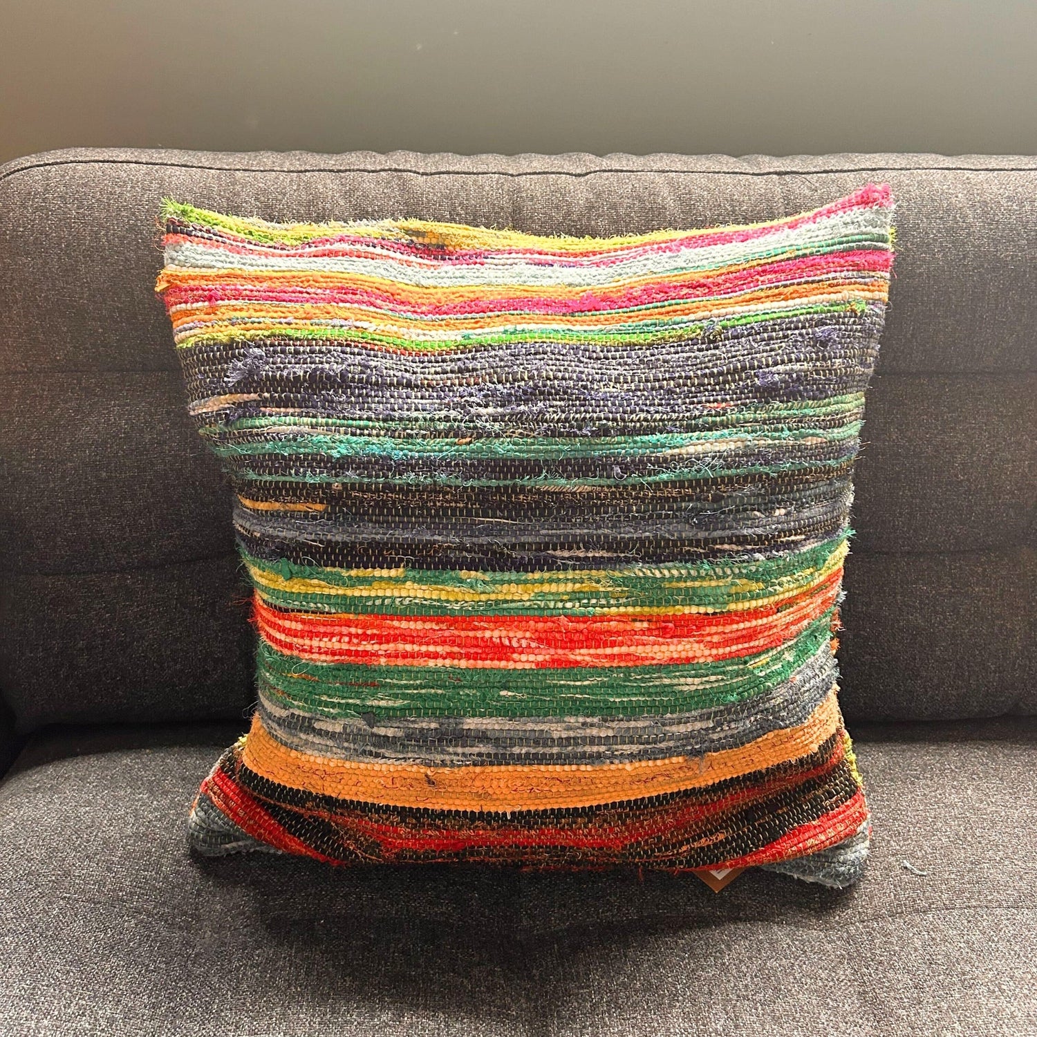 Vibrant Multicolor Rag Rug Cushion Covers - Eclectic Woven Decorative Pillow in Natural Greens - SHAMTAM.COM