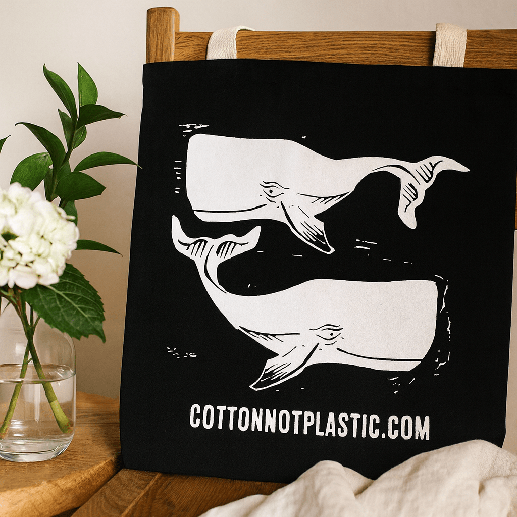 Tote Bag Black 8oz Cotton Whales Print 38x42cm - SHAMTAM.COM