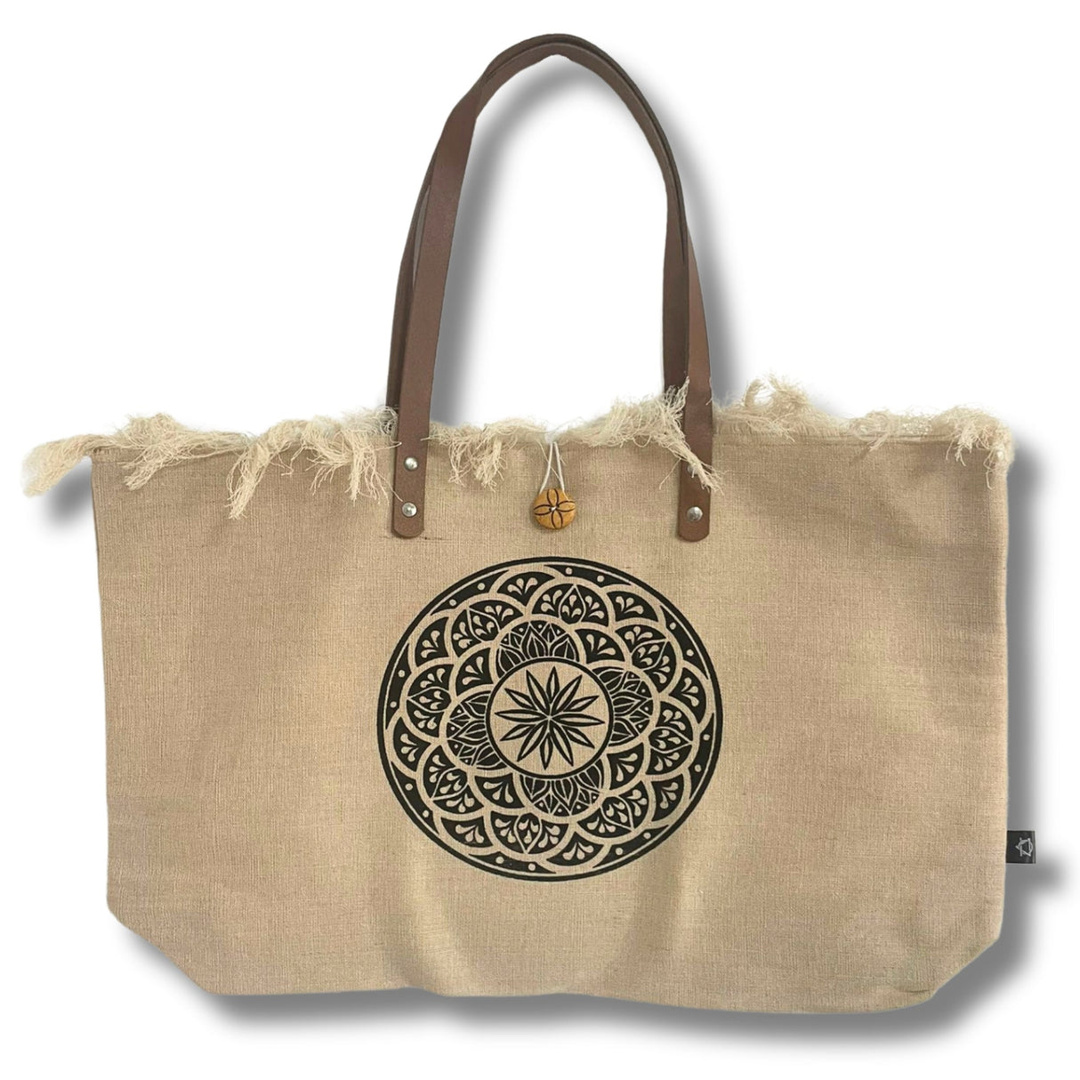 Eco - Friendly Beige Tote Bag with Brown Leather Handles and Mandala Design - Sustainable, Durable, and Stylish with Frilly Edges and Secure Closure - SHAMTAM.COM