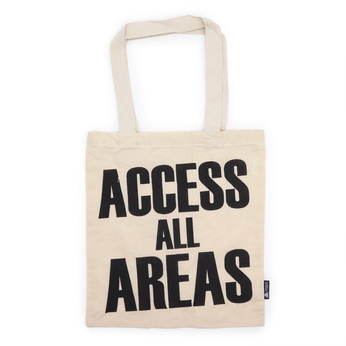Beige tote bag with 'ACCESS ALL AREAS' text on a white background