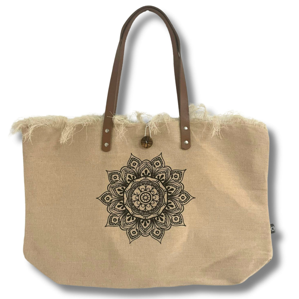 Eco - Friendly Natural Tote Bag with Leather Handles and Flower of Life Design - SHAMTAM.COM